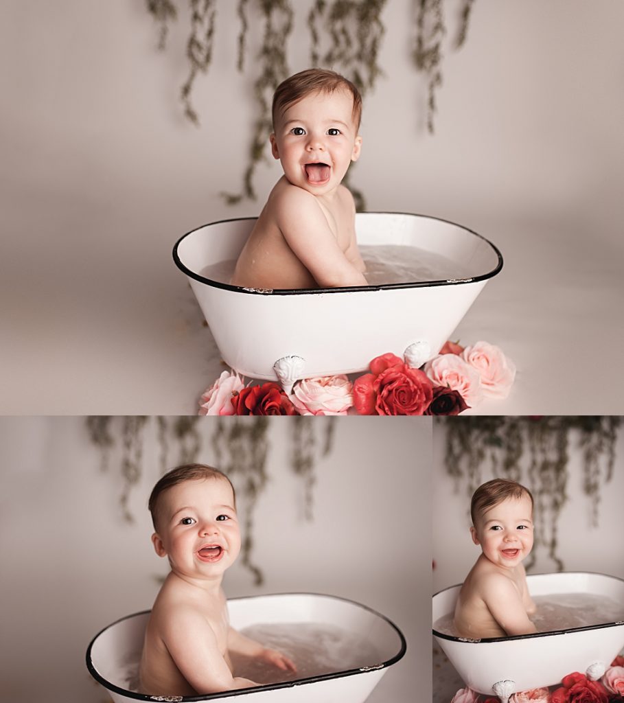 baby in a bath tub after a cake smash photography session