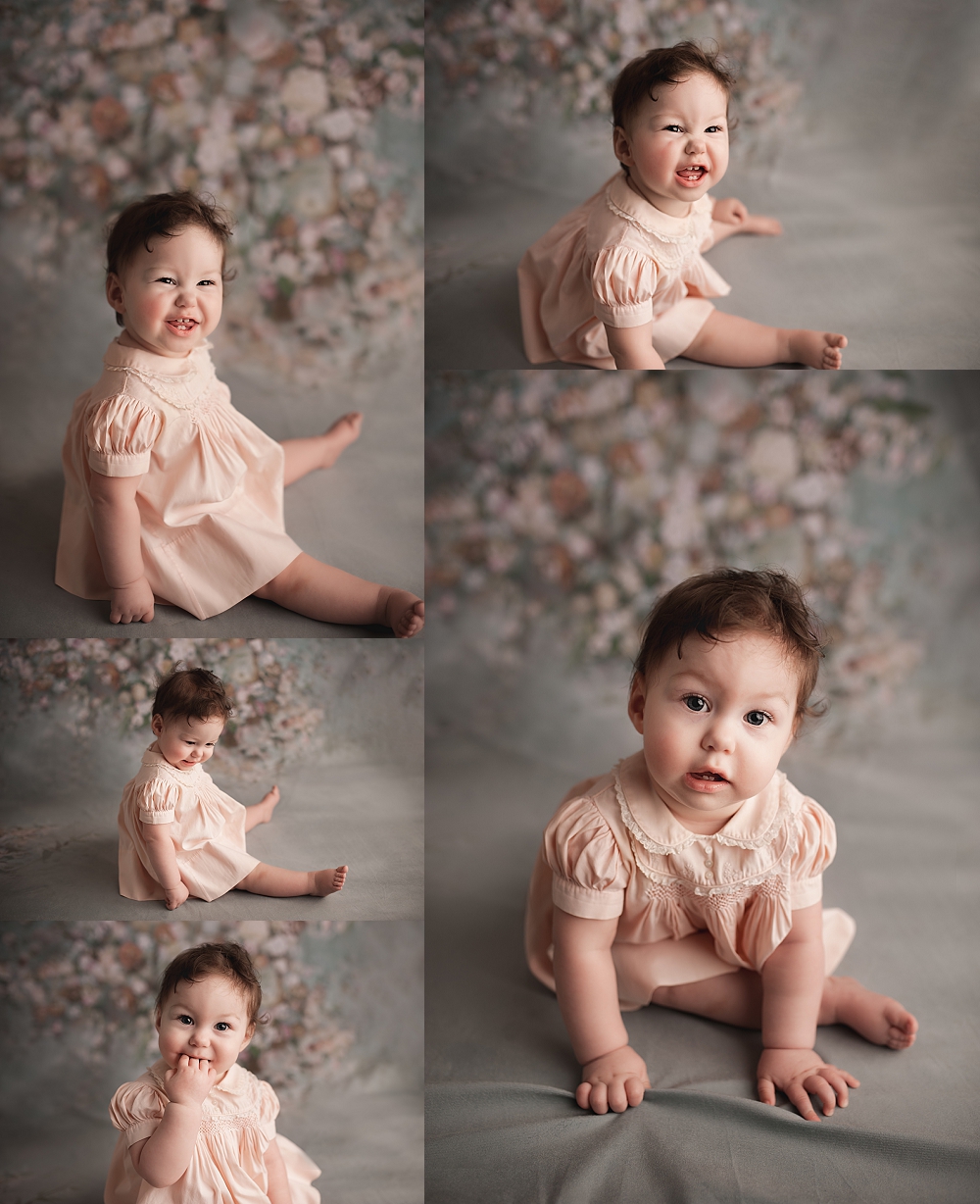 Posed Baby on Blue Floral Backdrop