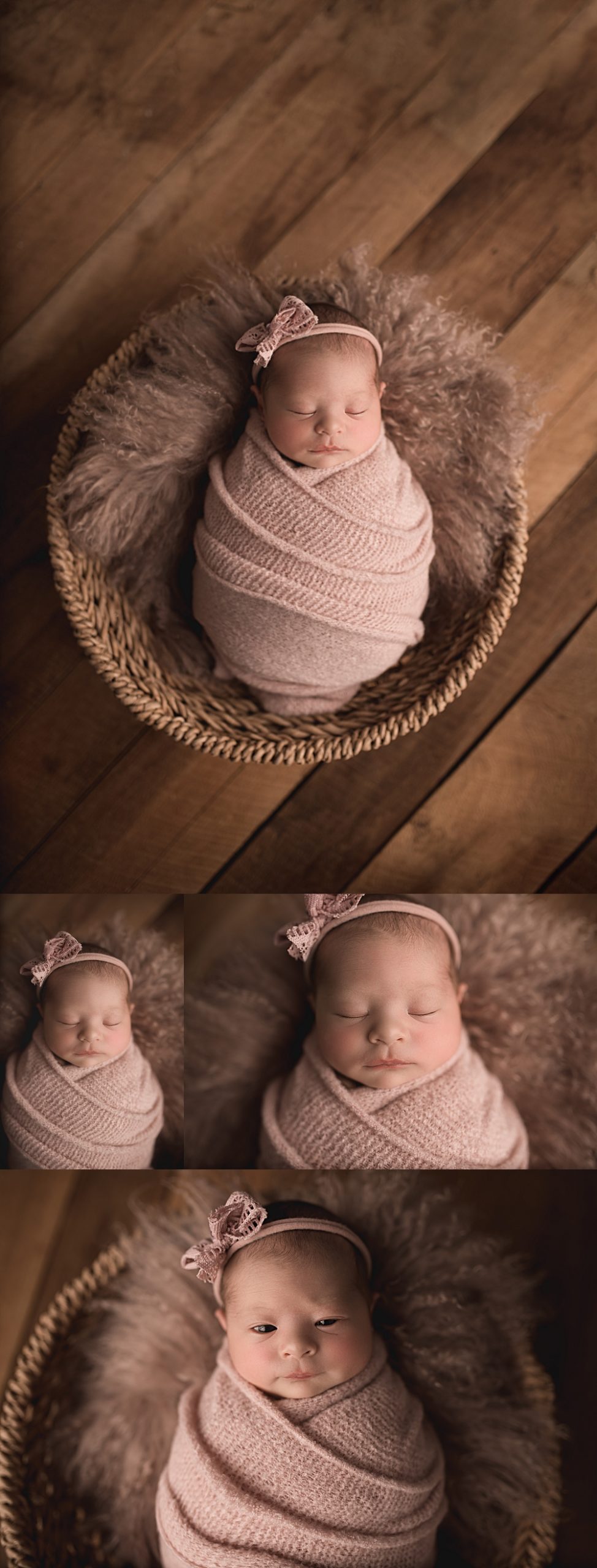 newborn baby in a basket with pink
