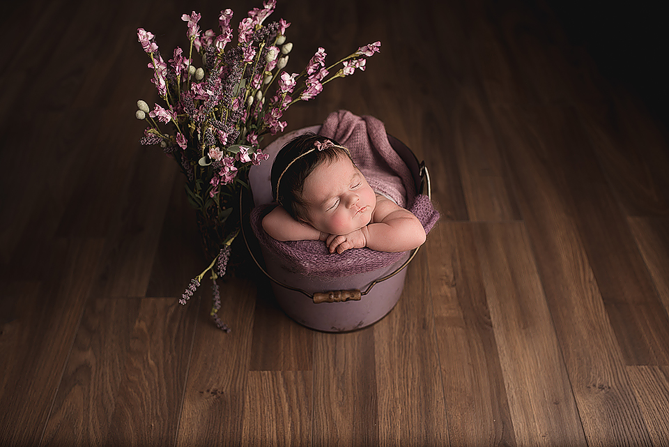 Newborn Baby girl in a purple bucket with lilacs behind her