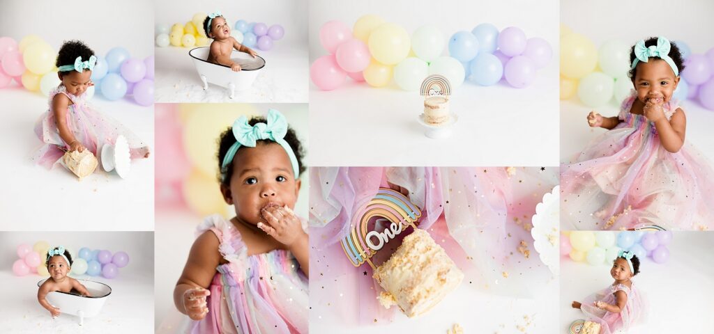 African America baby with pastel rainbow cake smash