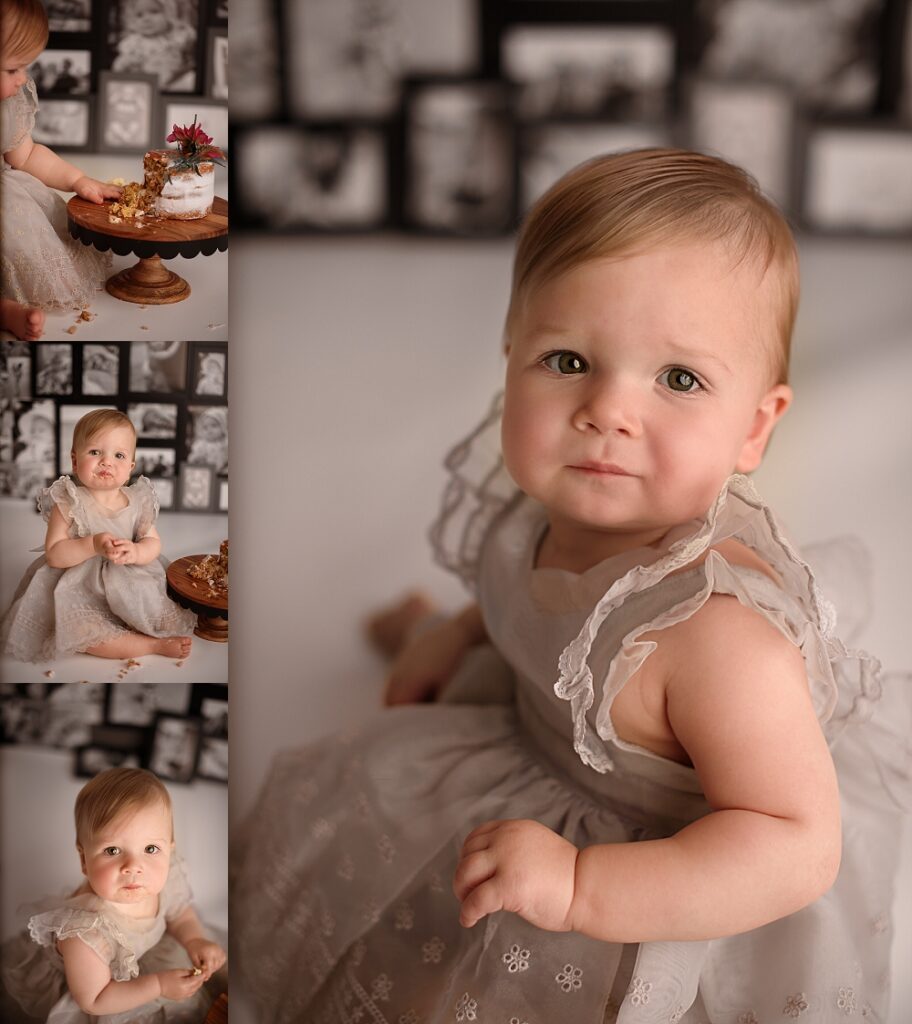 Cake Smash with one year black and white photos of baby behind her