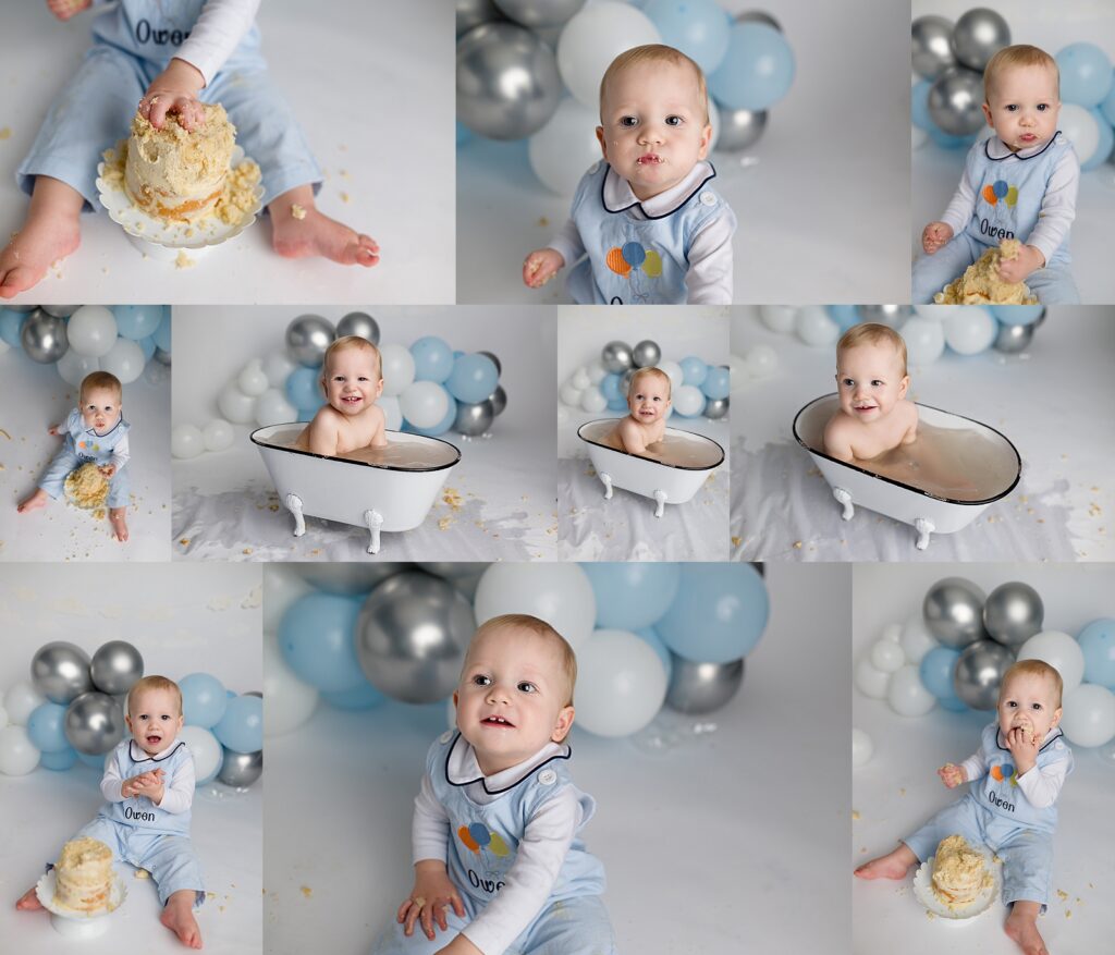 Blue White and Silver Balloons above a little boy smashing his first birthday cake