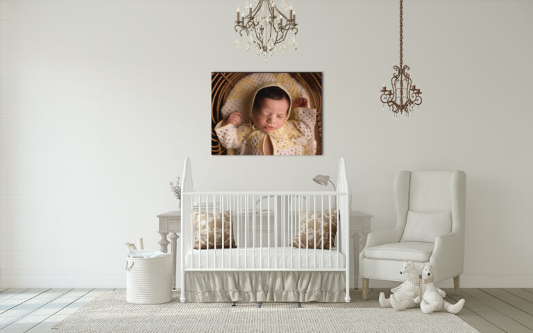 Newborn Baby White Nursery with crib and canvas hanging above the bed